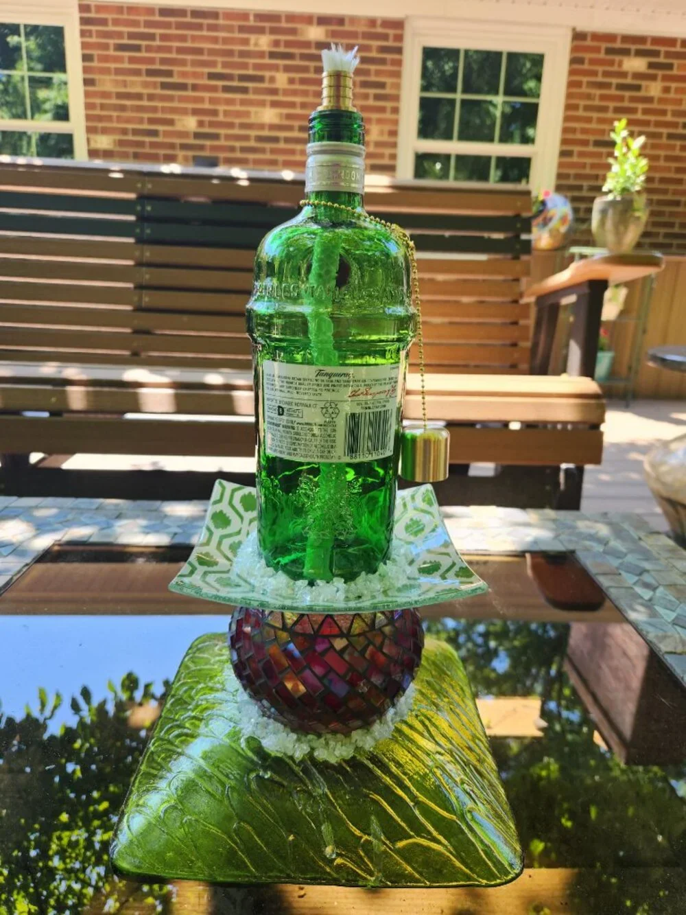 Upcycled Tiki Torch Tanqueray Mosaic Crushed Glass Accents